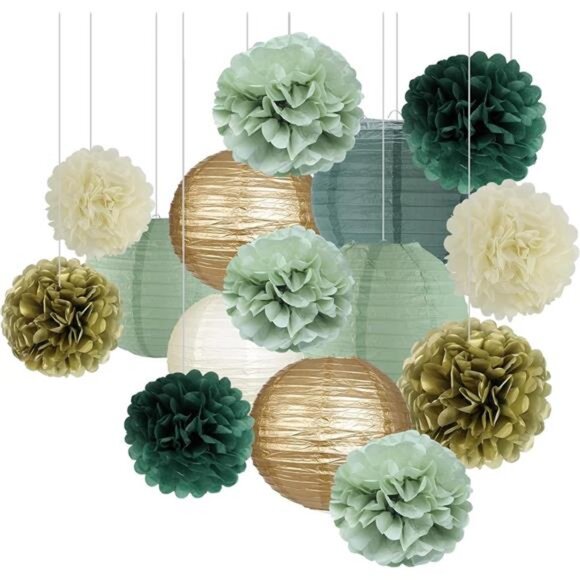 Sage Green Party Decorations Paper Lanterns Pom Poms Birthday Baby Shower Weddin - Picture 1 of 7